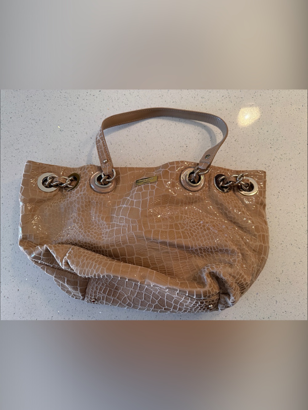 kate spade Patent Croc-Embossed Satchel in Nude Beige